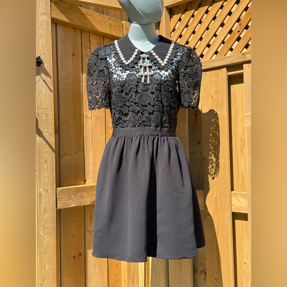 🆕 SELF PORTRAIT 🧿 NWOT Black Guipure Diamante Lace Mini Dress - Sz UK 10 US 6 - Picture 5 of 16